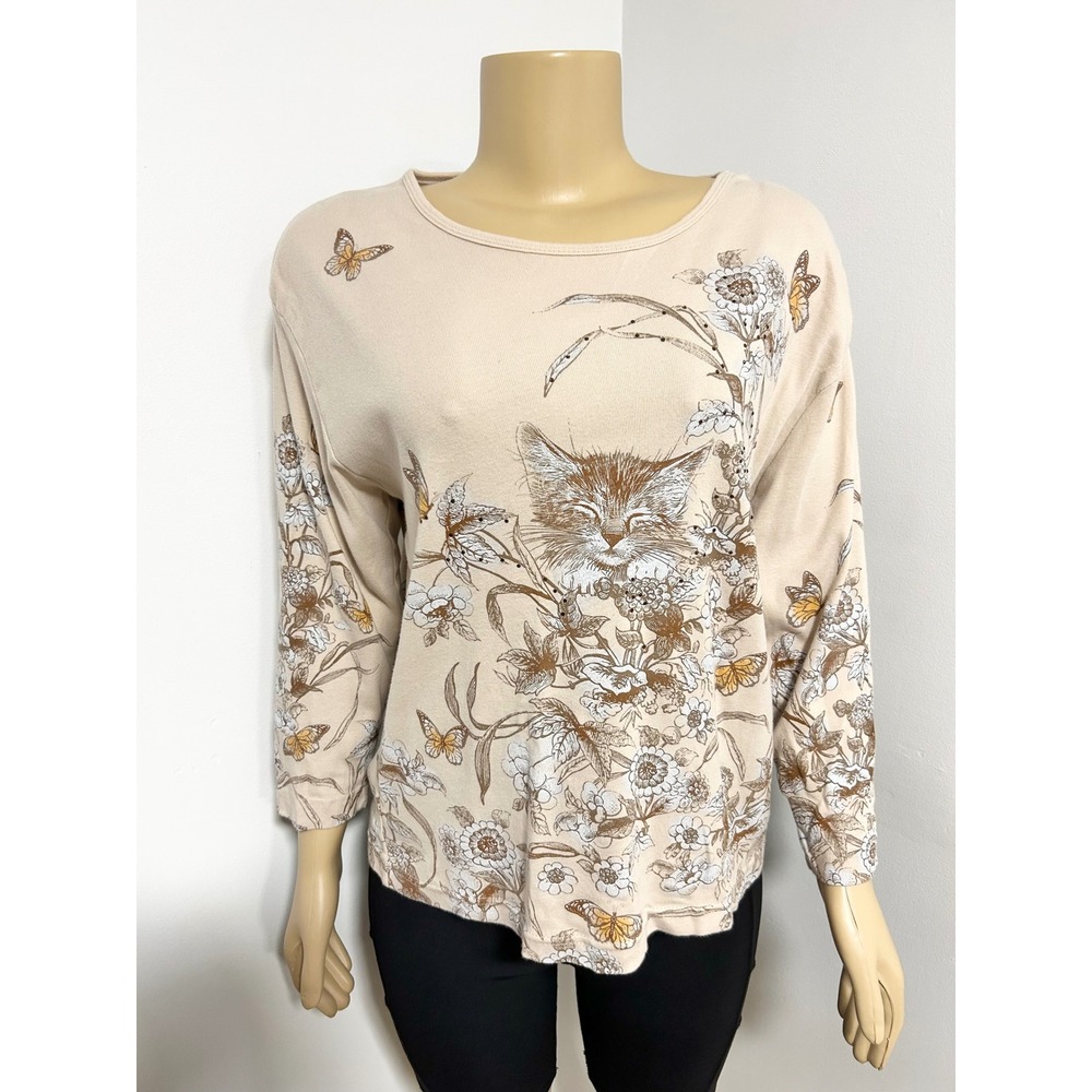 Morning Sun Womens Large Beige Cotton Kitten Butterfly Floral Rhinestone Top y2k